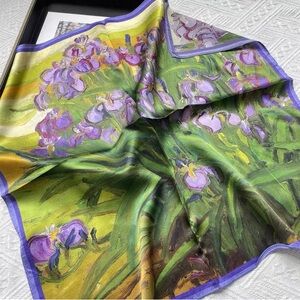 100% silk scarf bandana purple green iris